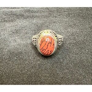 Bold Faux Jasper Statement Ring * Silver-Tone Filigree Setting (Size 6.75)